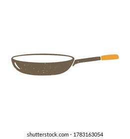 Cute frying pan. Brown pan with orange handle on a transparent background. Vector shabby hand drawn illustration