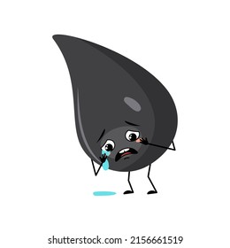 Cute fuel or gasoline drop character with crying and tears emotion, sad face, depressive eyes, arms and legs. Fluid man with melancholy expression, black oil man. Vector flat illustration