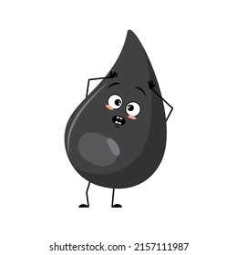 Cute fuel or gasoline drop character with panic emotions, surprised face, shocked eyes, arms and legs. Fluid man with scared expression, black oil man. Vector flat illustration
