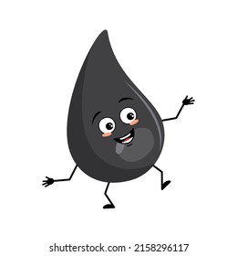 Cute Fuel Or Gasoline Drop Character With Happy Emotions, Joyful Face, Smile Eyes, Arms And Legs. Fluid Man With Funny Expression, Black Oil Man. Vector Flat Illustration