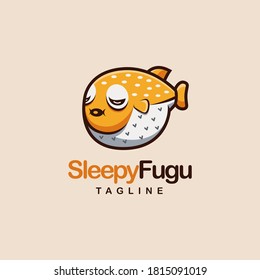 Cute fugu fish cartoon mascot logo vector illustration on light background