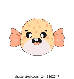 cute fugu fish, t shirt print, kids poster, on white background. Underwater world with algae.