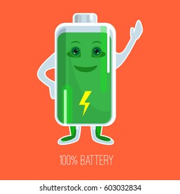 Cute full charged battery cartoon character with hands and face in flat design. Vector colorful picture of happy green accumulator with indicator and inscription 100 percent below