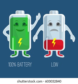 Cute full and low charged batteries with hands and face in flat design. Vector colorful picture of two happy green and red sad accumulators with indicators and inscriptions below on dark blue