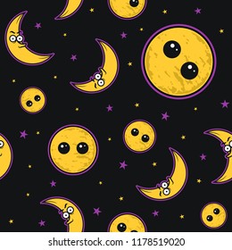 Cute full moon and crescent moon cartoon seamless pattern print design.