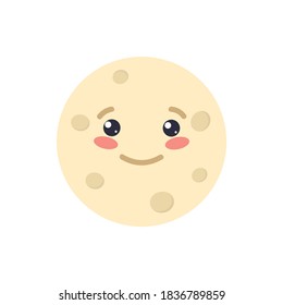 Cute full moon smiles. Earth satellite in cartoon style. Isolated vector illustration