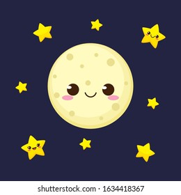 Cute full moon and stars characters. Good night card. Cartoon planet satellite. Funny emoticon in flat style. Vector emoji illustration