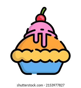 Cute Full Pie with Strawberry Ice Cream and Cherry on top Flat Design Cartoon for Shirt, Poster, Gift Card, Cover, Logo, Sticker and Icon.