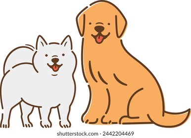 Linda mascota de cuerpo completo e ilustración animal de dos perros sonrientes y riendo sentado de fondo blanco.