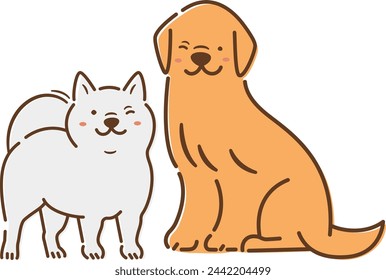 Linda mascota de cuerpo completo e ilustración animal de dos perros sonrientes y riendo sentado de fondo blanco.