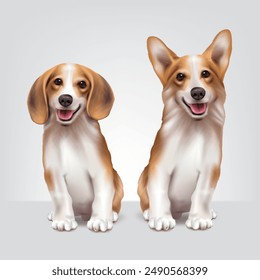 
Linda mascota de cuerpo completo e ilustración animal de dos perros sonrientes y riendo sentado de fondo blanco.