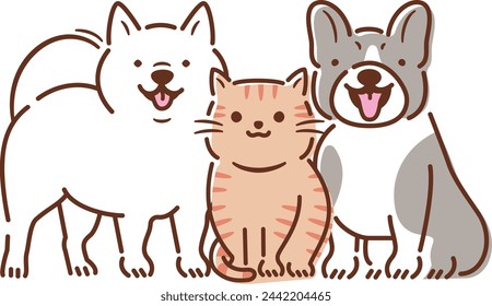 Cute full-body pet illustration set of smiling and laughing dog and cat sitting_white background