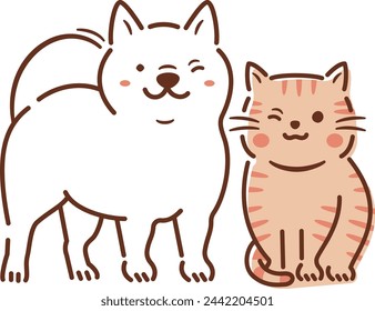 Cute full-body pet illustration of a smiling, laughing dog or cat sitting_white background	