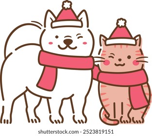 Cute full-body pet illustration of a smiling dog and cat sitting down_Winter, two dogs having a Christmas party	