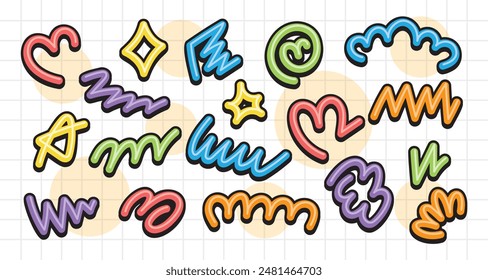 cute and fun abstract hand drawn colorful scribble graphic element vector set