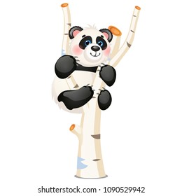 Cute fun animated panda sitting on a birch tree isolated on white background. Vector cartoon close-up illustration.