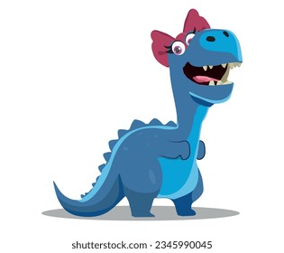 cute and fun blue female dinosaur with big bow, vector illustration on white isolated background.