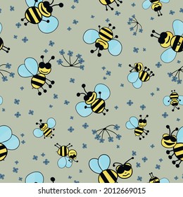 Cute and fun bumblebees seamless vector pattern with blue flowers and sage green background. Comical and lovable design with ditsy floral texture and and joyful hand drawn buzz bugs for kids.