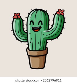 cute fun cactus on the pot cartoon character isolated colored drawing line art style sketch classic vintage design illustration