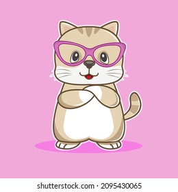Cute fun cartoon baby Cat in pink glasses. Funny animal emotions. Modern animals flat style. Graphic element for kids, greeting card, cover, poster and t-shirt. Vector illustration.