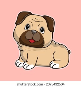 Cute fun cartoon baby Pug Dog on a pink background. Funny animal emotions. Modern animals flat style. Graphic element for kids, greeting card, cover, poster and t-shirt. Vector illustration.