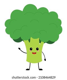 Cute fun cartoon broccoli. Vector flat illustration isolated on white background. Fresh farm healthy food. Smiling face. Cute cartoon character.