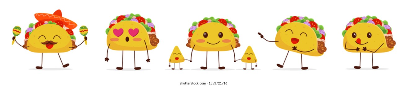 Cute and fun cartoon characters collection vector illustration. Mexican fast food snack. Corn or wheat tortilla with vegetables or bee of chicken, meat cutlet and vegetables lettuce