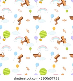 Cute fun cartoon kawaii background with rainbows, candies, planes and hot air balloon and cars