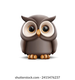 Cute fun cartoon owl character detailed icon, realistic animal shape with big eyes, beak and wings with paws