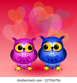 Cute and fun cartoon owls, one pink and one blue, looking at each other with lots of multiple transparent hearts in the background, great love or Valentine's day card.