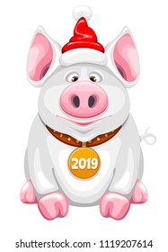 Caricatura divertida en el sombrero de Santa Claus, sentada y sonriente. Símbolo del año nuevo chino 2019. Ilustración vectorial. Aislado sobre fondo blanco.