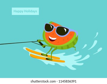 cute fun cartoon watermelon waterskiing on vacation vector iluustration