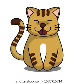 Cute fun cat cartoon character sitting and smiling isolated on white background. Vector illustration.
