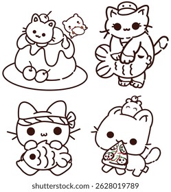 cute and fun cats with pudding, fish and pizza
