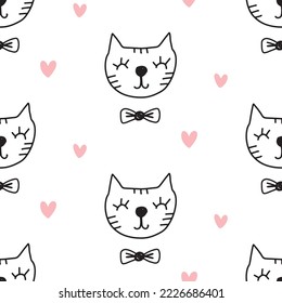 Cute Fun Cats Seamless pattern with hand drawn doodle shapes elements.  Kitten silhouette.  Vector illustration background texture, Wallpaper, wrapping paper, fabric design 