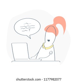 Cute fun character sitting with laptop and chatting, speech bubble over head. Freelance or comfortable work at office icon concept, Flat white outline modern design.