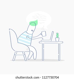 Cute fun character sitting on the armchair and chatting via laptop, In one of his hands is a mug with coffee. Freelance, comfortable work from home icon concept, Flat white outline modern design.