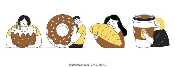 Cute fun characters holding coffee and pastry. Minimal hand drawn illustrations for postcards, menu. Illustration.