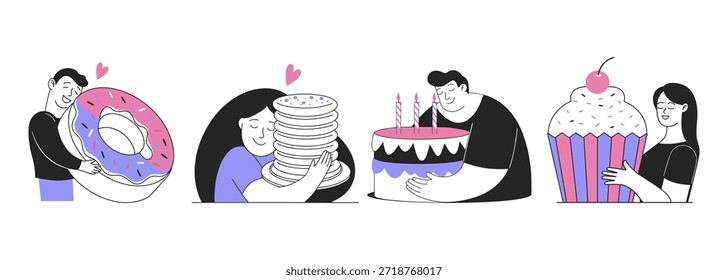 Cute fun characters holding coffee and pastry. Minimal hand drawn illustrations for postcards, menu. Illustration.
