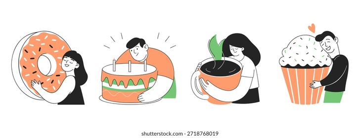 Cute fun characters holding coffee and pastry. Minimal hand drawn illustrations for postcards, menu. Illustration.