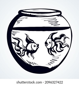 Cute fun clear kid jar on light backdrop. Outline black ink hand drawn marine object logo pictogram emblem design in retro comic art doodle engrave print style pen on paper text space. Closeup view