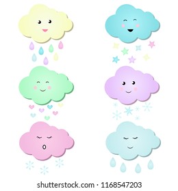  Cute and fun colorful clouds vector illustration for kids. Iisolated design for sticker, patch, scrapbook. Baby shower clouds in kawaii style