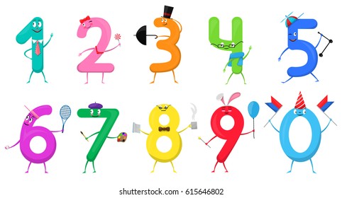 Cute fun colorful collection numbers in the form of various cartoon characters for kids isolated. Vector Illustration mathematical symbols one, two, three, four, five, six, seven, eight, nine, zero