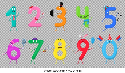 Cute fun colorful collection numbers in the form of various cartoon characters for kids isolated. Vector Illustration mathematical symbols one, two, three, four, five, six, seven, eight, nine, zero