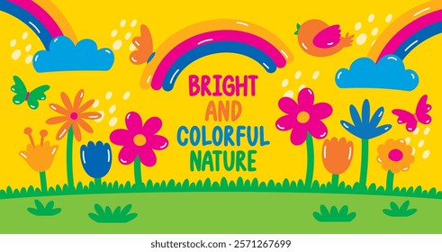 cute fun colorful flowers on grasses floor with nature elements on bright yellow background illustration graphic vector