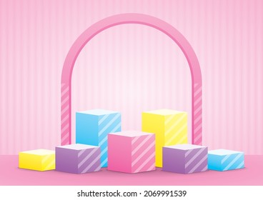 cute and fun colorful pastel display podium set with arch on sweet pink floor and wall 3d illustration vector for putting your object