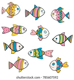 Cute, fun and colorful vector fish drawings with outlines for summer designs