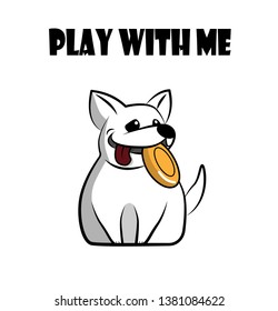 Cute fun dog cartoon character sitting and holding his chewing toy in his mouth. Concept play with me. Vector illustration.