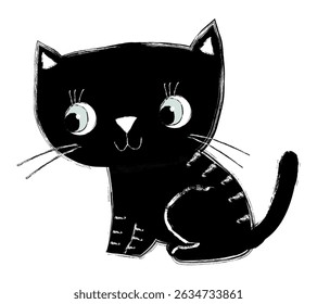 Cute divertido doodle gato vetor preto, divertido sentado gatinho kawaii ilustração animal para crianças e desenhos de bebê