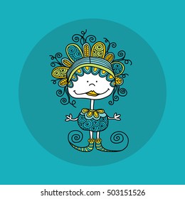 Cute and fun doodle doll vector illustration with crazy curls, big smile, swirls, doodles and striped shoes on jade green background